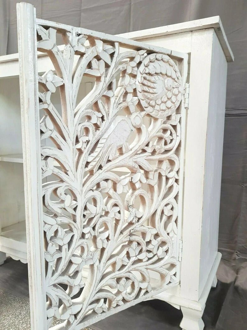 Hand-carved Floral Designer Cabinet With 2 Door in White Color | Handmade Solid Wooden Cabinet Cabinet - Bone Inlay Furnitures