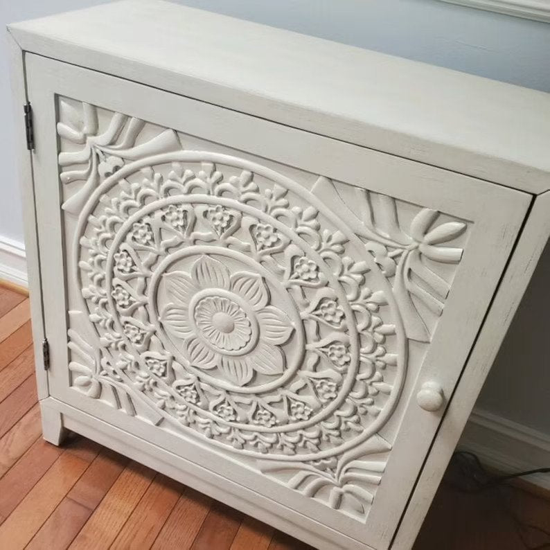 Hand-carved Floral resin Medallion Art Bedside Table | Handmade Wooden Accent Nightstand Nightstand - Bone Inlay Furnitures