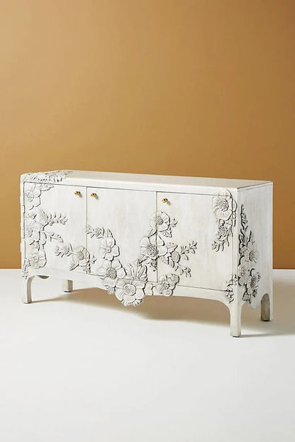 Hand-carved Floral Sideboard | Handmade White Distress Finish Buffet table Sideboard - Bone Inlay Furnitures