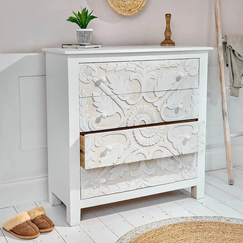 4-Drawer White Hand-Carved Floral Dresser