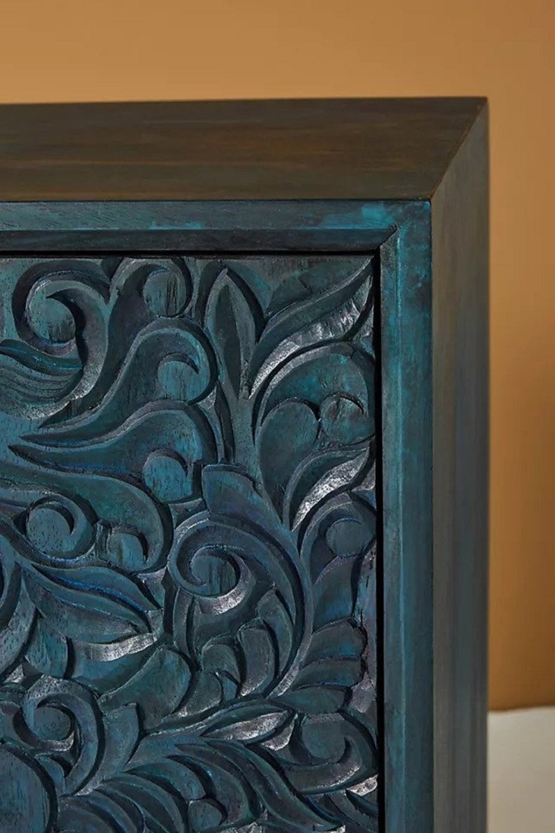 Hand-carved Gulliver Entryway Cabinet | Handmade Indigo Color Cabinetry Furniture Cabinet - Bone Inlay Furnitures