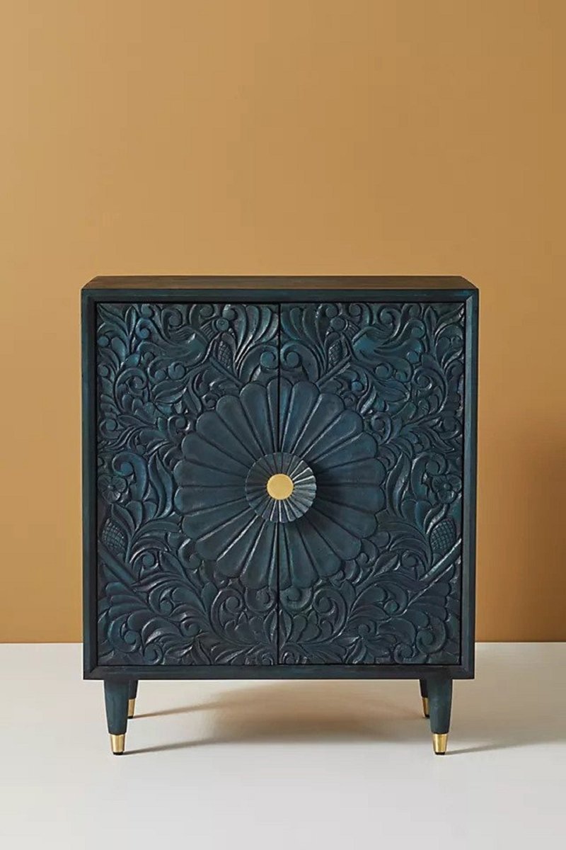 Hand-carved Gulliver Entryway Cabinet | Handmade Indigo Color Cabinetry Furniture Cabinet - Bone Inlay Furnitures