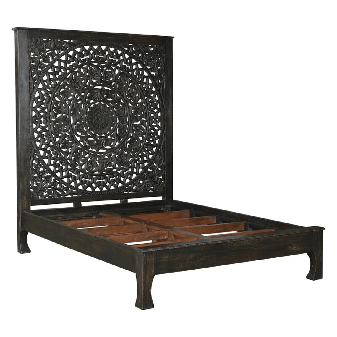 Hand Carved High Headboard Platform Bed Frame Black Color | Indian Hand Carved Wooden Bed Frame Beds & Bed Frames - Bone Inlay Furnitures
