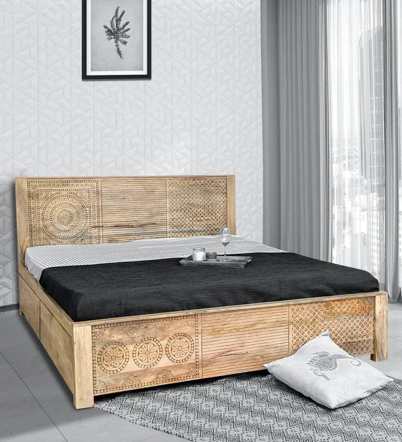Hand-carved Indian Design Wooden Bed | Handmade Wooden King Size Bed Bed - Bone Inlay Furnitures