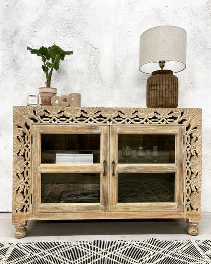 Hand Carved Indian Wooden 2 Door Sideboard | Handmade Buffet Table With storage | Free Door Delivery in 6 Weeks Buffet & Sideboard - Bone Inlay Furnitures