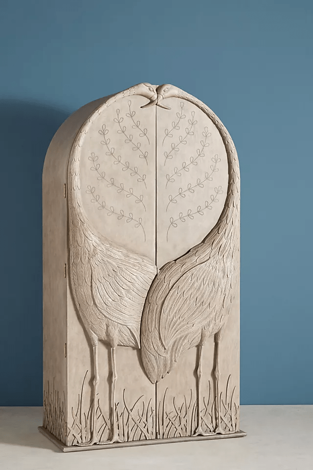Hand-carved Land & Sky Armoire | Handmade 2 Cranes Carved Antique Wardrobe Armoire - Bone Inlay Furnitures