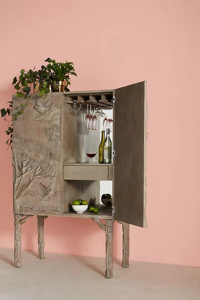Hand-carved Land & Sky Bar Cabinet | Handmade Liquor Cabinet Bar Cabinet - Bone Inlay Furnitures