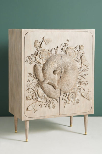 Hand Carved Land & Sky Bar Cabinet with Fox Design | Handmade Taupe Color Cabinet Cabinet - Bone Inlay Furnitures