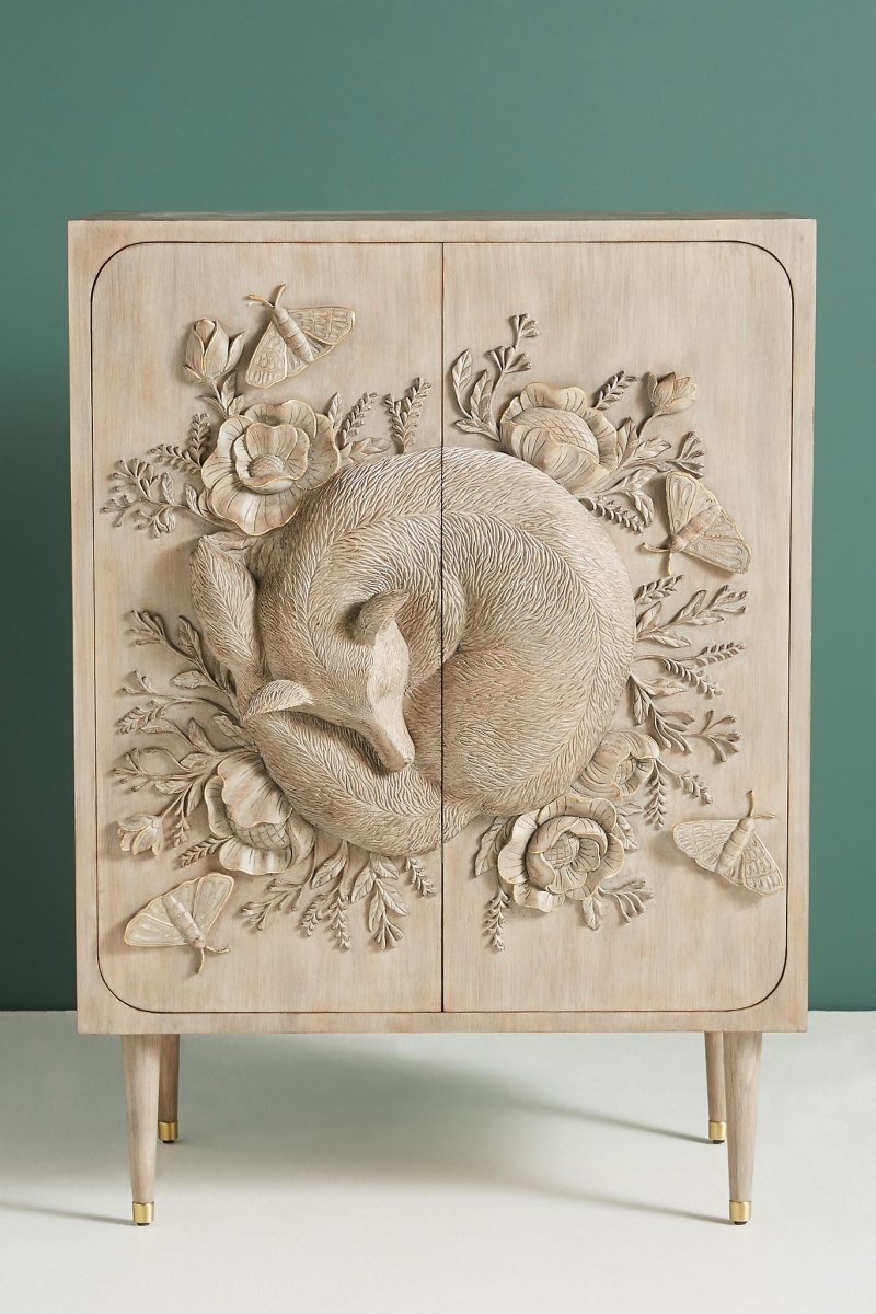 Hand Carved Land & Sky Bar Cabinet with Fox Design | Handmade Taupe Color Cabinet Cabinet - Bone Inlay Furnitures