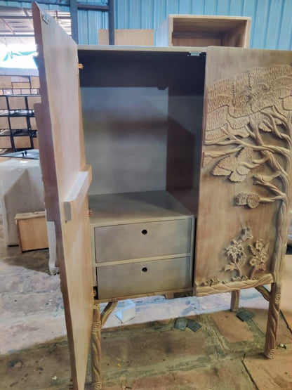 Hand-carved Land & Sky Wooden Bar Cabinet | Hand-carved Liquor Cabinet Cabinet - Bone Inlay Furnitures