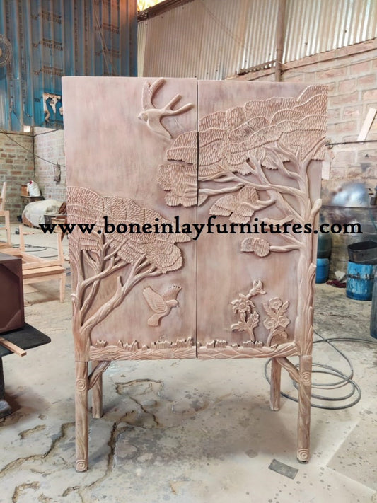 Hand-carved Land & Sky Wooden Bar Cabinet | Hand-carved Liquor Cabinet Cabinet - Bone Inlay Furnitures