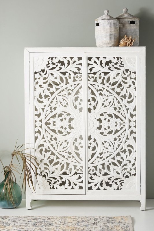 Hand Carved Lombok Armoire In White Color | Handmade White Wooden Almirah Armoire - Bone Inlay Furnitures