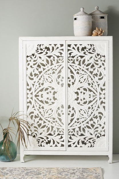 Hand Carved Lombok Armoire In White Color | Handmade White Wooden Almirah Armoire - Bone Inlay Furnitures