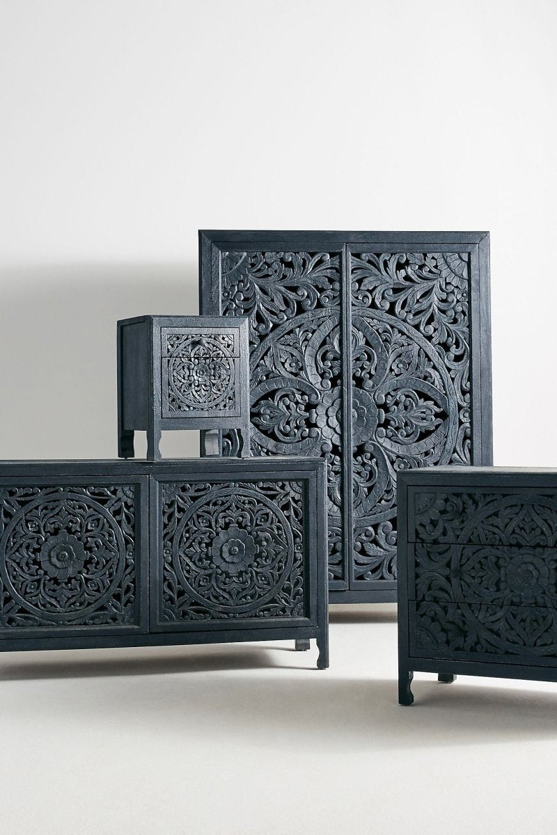 Hand Carved Lombok Buffet Indigo Color | Handmade Sideboard | Indian Furniture Buffet & Sideboard - Bone Inlay Furnitures