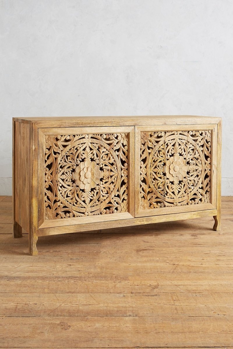 Hand Carved Lombok Buffet Table In Natural Color | Handmade Wooden Storage Unit Buffet & Sideboard - Bone Inlay Furnitures
