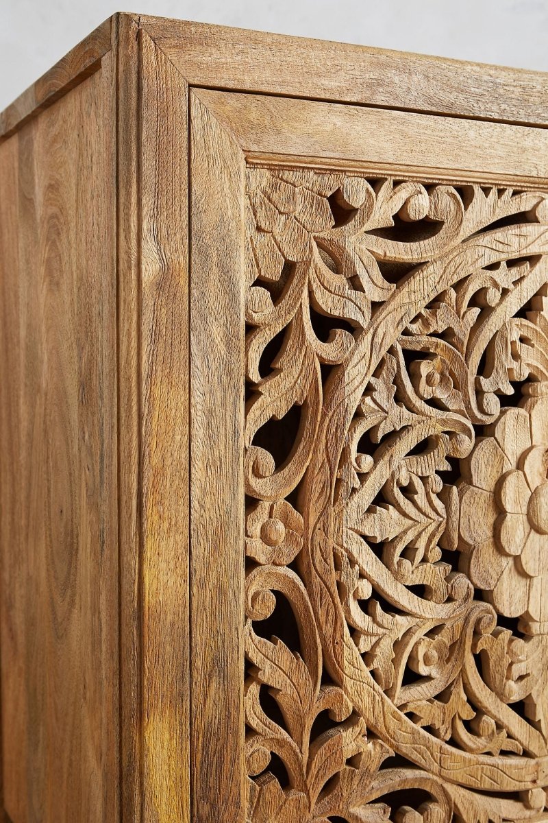 Hand Carved Lombok Buffet Table In Natural Color | Handmade Wooden Storage Unit Buffet & Sideboard - Bone Inlay Furnitures