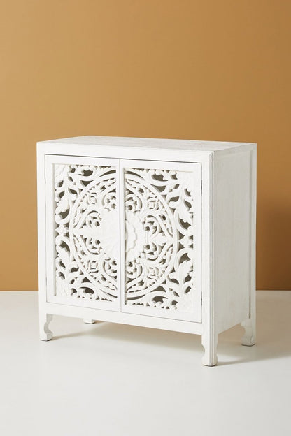 Hand Carved Lombok Entryway Cabinet in White Color | Handmade Wooden Storage Unit Cabinet - Bone Inlay Furnitures