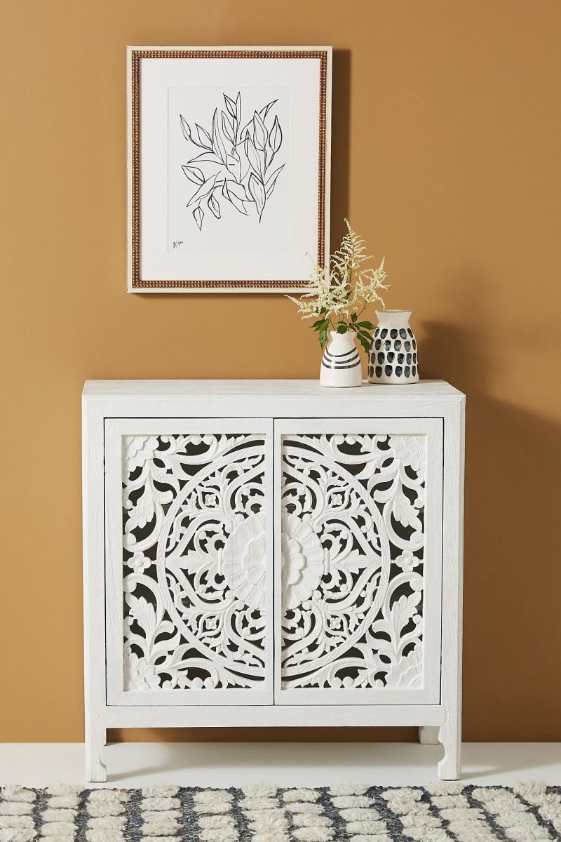 Hand Carved Lombok Entryway Cabinet in White Color | Handmade Wooden Storage Unit Cabinet - Bone Inlay Furnitures