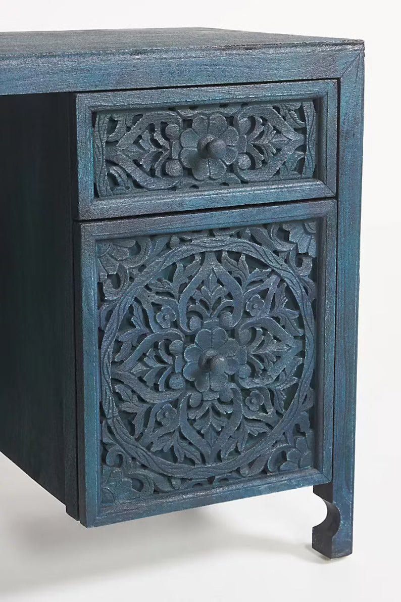 Hand carved Lombok Executive Desk for Home office | Workspace Four Drawers Console table Cabinet - Bone Inlay Furnitures