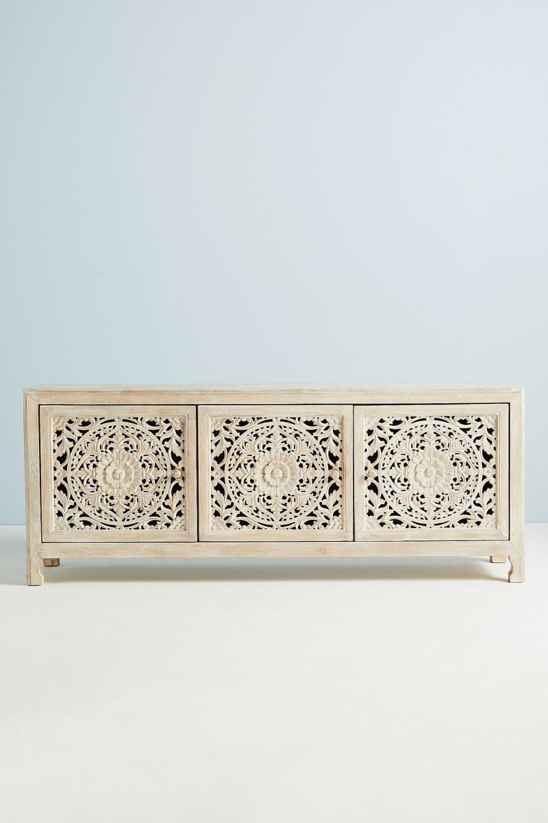 Hand Carved Lombok Media Console | Handmade Wooden Entertainment Unit Media Console - Bone Inlay Furnitures