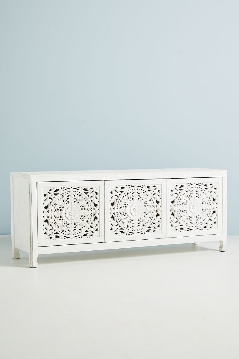 Hand Carved Lombok Media Console White Color | Handmade Wooden Entertainment Unit Media Console - Bone Inlay Furnitures
