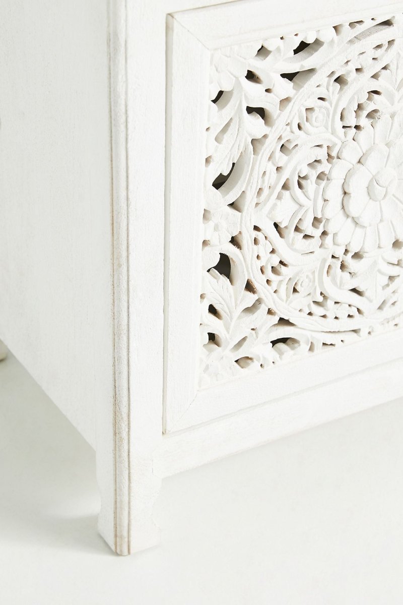 Hand Carved Lombok Media Console White Color | Handmade Wooden Entertainment Unit Media Console - Bone Inlay Furnitures