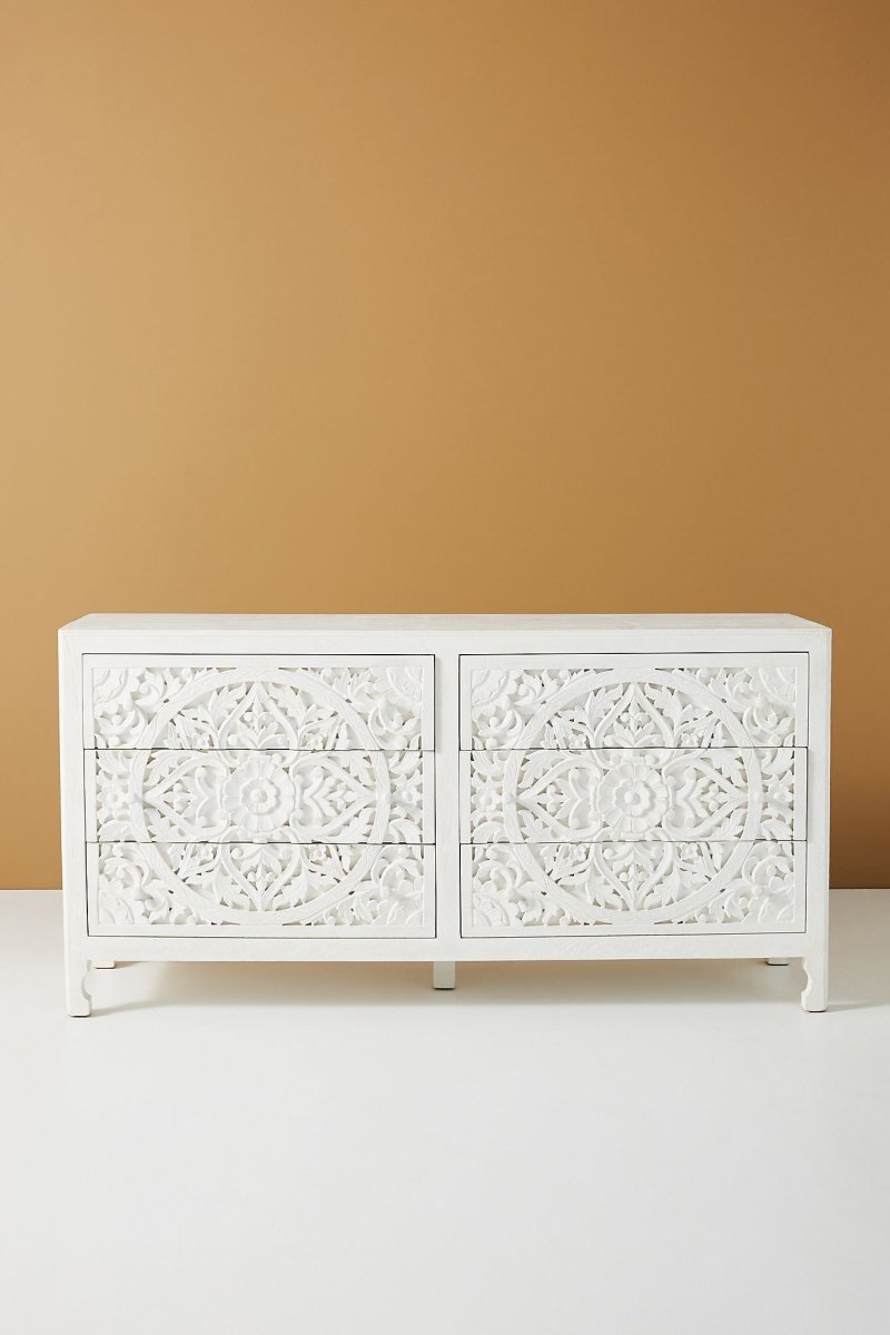 Hand Carved Lombok Six-Drawer Dresser in White Color | Handmade Wooden Dresser Drawer Dresser - Bone Inlay Furnitures