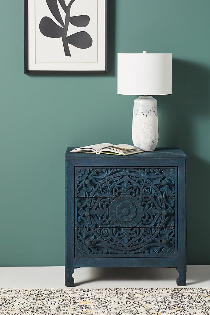 Hand-carved Lombok Three-Drawer Nightstand | Wooden Bedside Stand Furniture Nightstand - Bone Inlay Furnitures