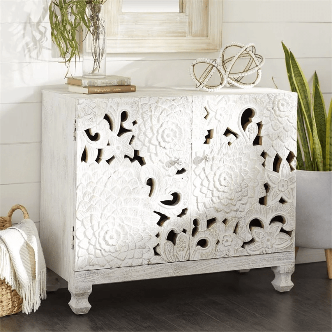 Hand Carved Lotus Storage Cabinet | Handmade White Color Wooden Cabinet Cabinet - Bone Inlay Furnitures