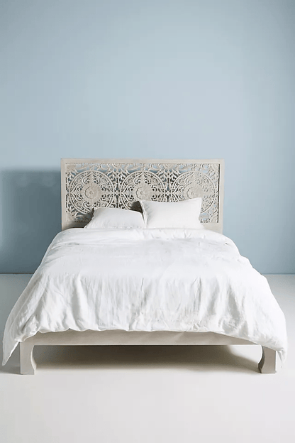 Hand Carved Low Lombok Bed in Gray Color | Handmade Indian Bed Design Beds & Bed Frames - Bone Inlay Furnitures