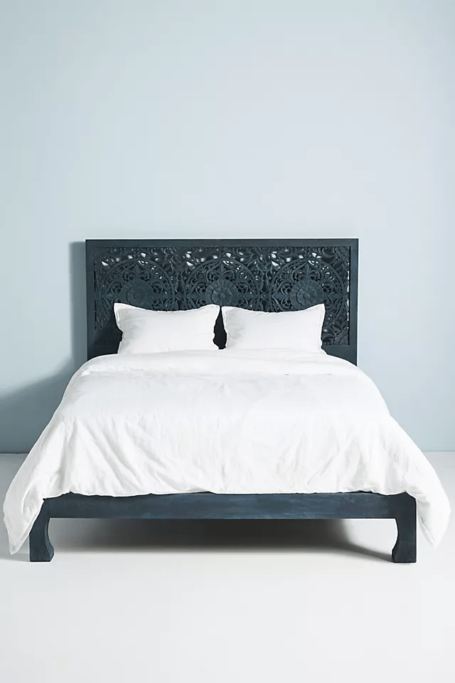Hand Carved Low Lombok Bed in Indigo Color | Handmade Indian Bed Design Bed - Bone Inlay Furnitures