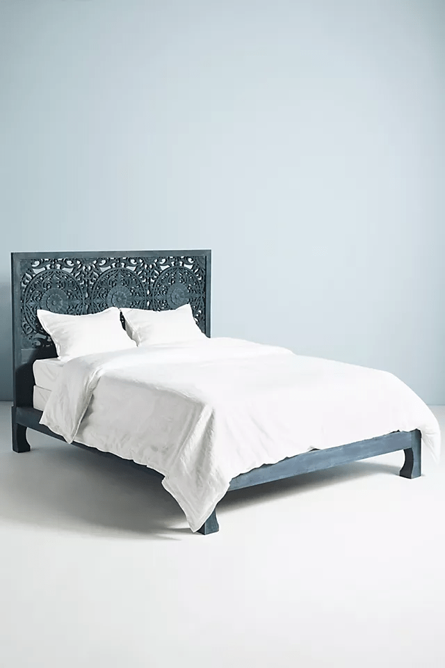 Hand Carved Low Lombok Bed in Indigo Color | Handmade Indian Bed Design Bed - Bone Inlay Furnitures