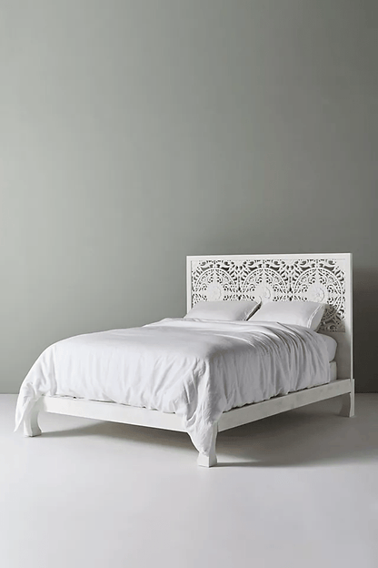 Hand Carved Low Lombok Bed in White Color | Handmade Indian Wooden Bed Design Bed - Bone Inlay Furnitures