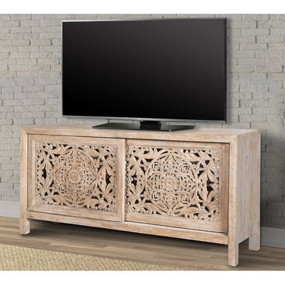 Hand-Carved Mandala-inspired Botanical patterns Media Console | Handmade TV Unit Media Console - Bone Inlay Furnitures