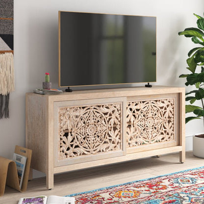 Hand-Carved Mandala-inspired Botanical patterns Media Console | Handmade TV Unit Media Console - Bone Inlay Furnitures