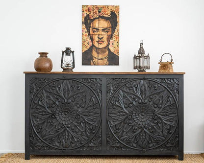 Hand Carved Mandala Large Sideboard With Black Finish | Handmade Buffet Table Buffet & Sideboard - Bone Inlay Furnitures