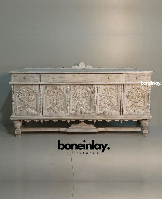 Hand Carved Menagerie Buffet Table in White Color | Handmade Wildlife Sideboard Buffet & Sideboard - Bone Inlay Furnitures