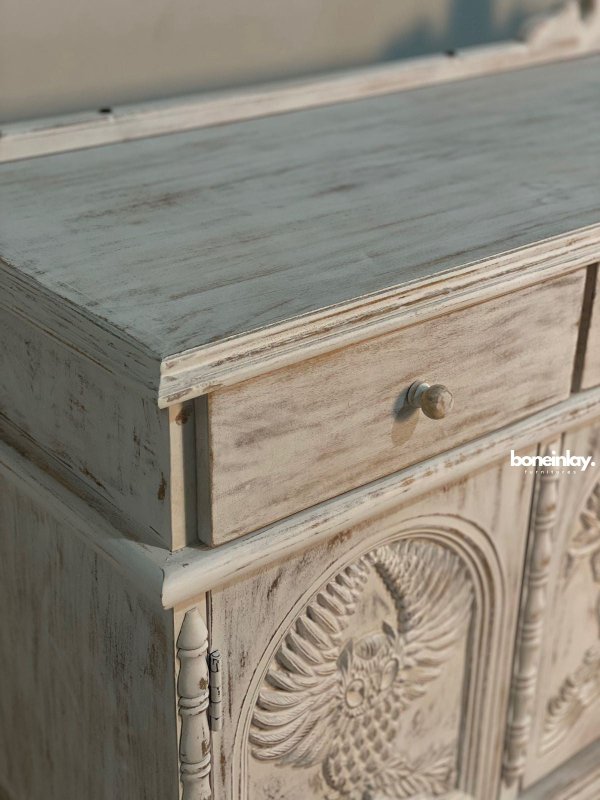 Hand Carved Menagerie Buffet Table in White Color | Handmade Wildlife Sideboard Buffet & Sideboard - Bone Inlay Furnitures