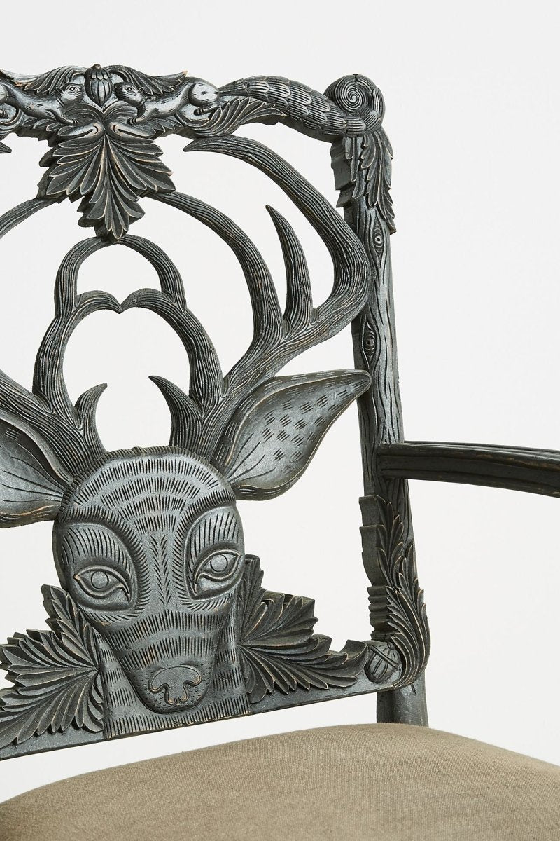 Hand-carved Menagerie Deer Armchair | Handmade Wooden Dining Chair Dining Chair - Bone Inlay Furnitures