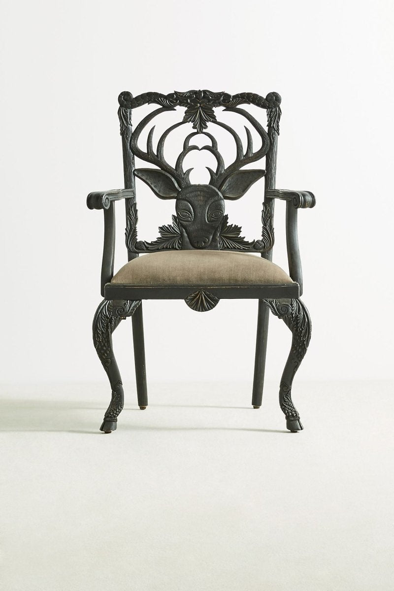 Hand-carved Menagerie Deer Armchair | Handmade Wooden Dining Chair Dining Chair - Bone Inlay Furnitures