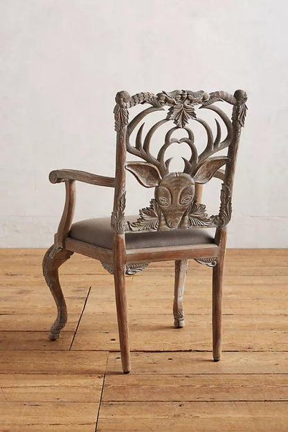 Hand-carved Menagerie Deer Armchair | Handmade Wooden Dining Chair in Whitewash Dining Chair - Bone Inlay Furnitures
