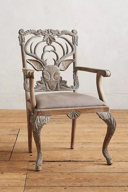 Hand-carved Menagerie Deer Armchair | Handmade Wooden Dining Chair in Whitewash Dining Chair - Bone Inlay Furnitures