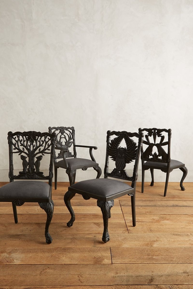 Hand-carved Menagerie dining chair set of 4 dark solid wood with wildlife backrest motifs grey linen upholstered seat and cabriole claw feet legs