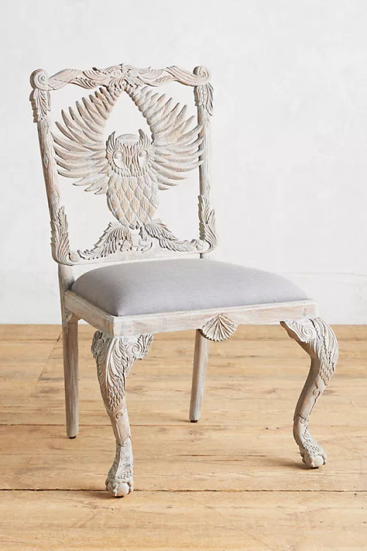Hand-carved Menagerie Owl Dining Chair | Handmade Wooden Dining Table Chair in Whitewash Dining Chair - Bone Inlay Furnitures