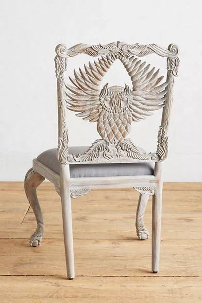 Hand-carved Menagerie Owl Dining Chair | Handmade Wooden Dining Table Chair in Whitewash Dining Chair - Bone Inlay Furnitures