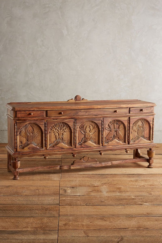 Hand Carved Menagerie Sideboard in Natural Color | Wildlife Hand Carved Buffet Table Buffet & Sideboard - Bone Inlay Furnitures