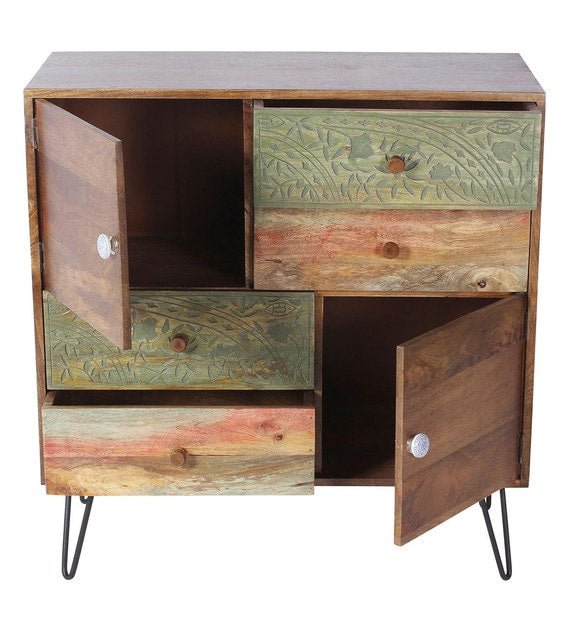 Hand Carved Multicolored Dresser | Handmade Wooden Chest of Drawer Drawer Dresser - Bone Inlay Furnitures