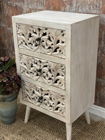 Hand Carved Night Stand in White Color | Handmade Wooden Bedside Nightstand - Bone Inlay Furnitures