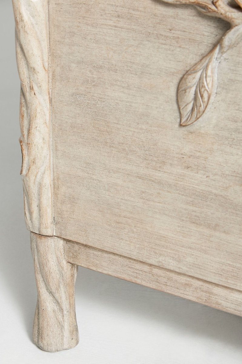 Hand Carved Ornithology 3 Drawers Dresser in Washed Grey | Custom Made Dresser Drawer Dresser - Bone Inlay Furnitures