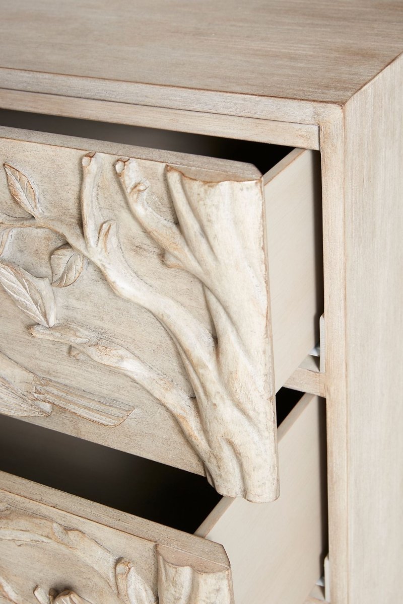 Hand Carved Ornithology 3 Drawers Dresser in Washed Grey | Custom Made Dresser Drawer Dresser - Bone Inlay Furnitures